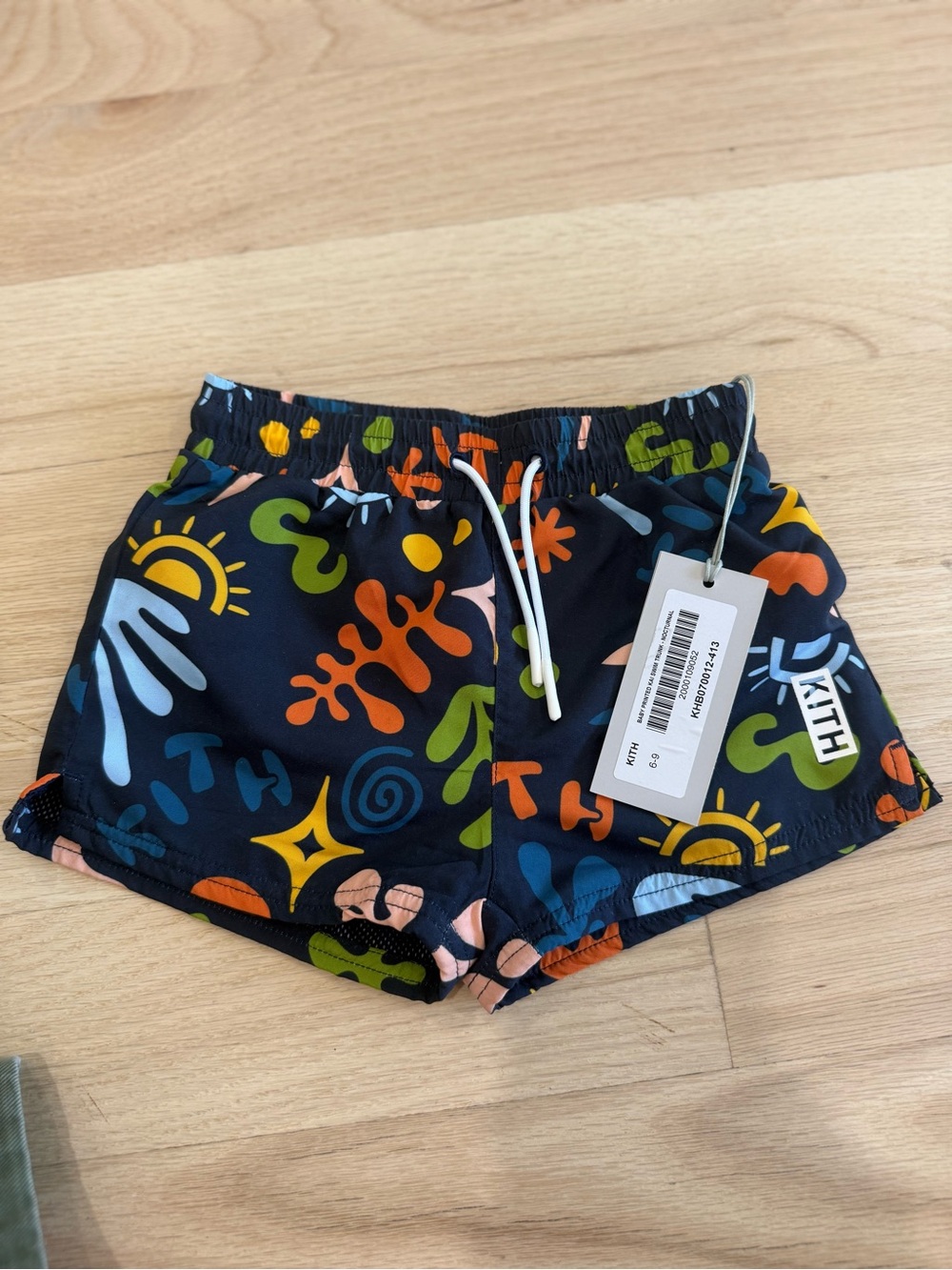 Kith Kids Navy Swim Shorts with Multicolor Abstract Print